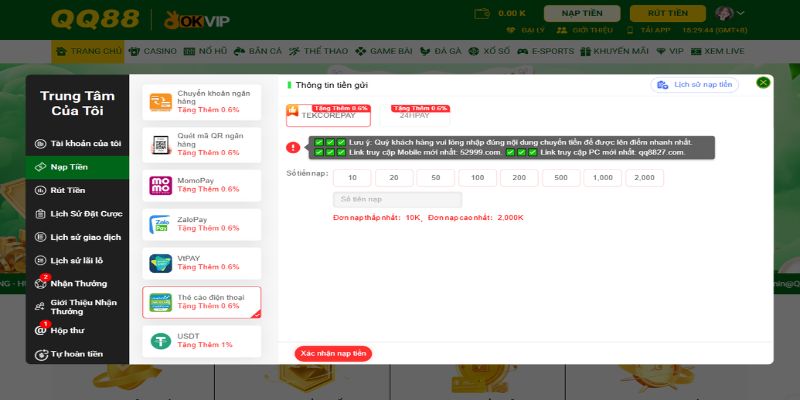 Nạp tiền QQ88 bằng thẻ cào