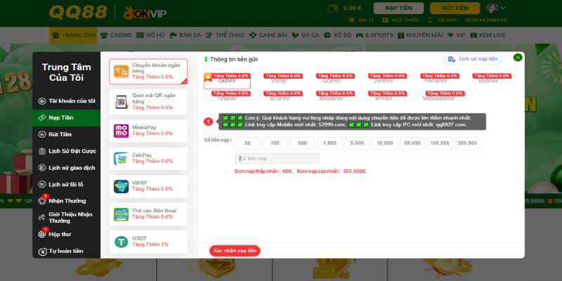Nạp tiền QQ88 qua tài khoản ngân hàng nội địa
